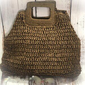 Woven Straw Wood Handle Tote Bag